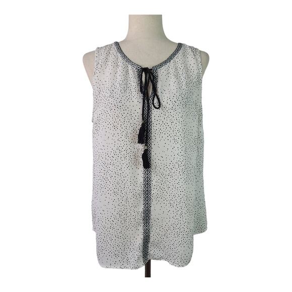 Daniel Rainn White Black Dot Sleeveless Top Shirt Ribbon Trim Tie Neck Large - Picture 1 of 5